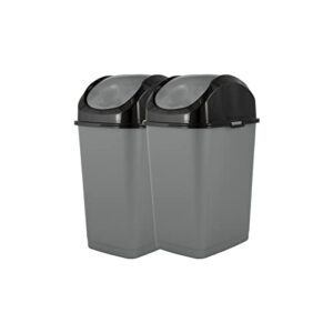 superio 1.25 gal mini plastic trash cans with swing top lid, (2 pack) small waste bin for countertop, desk, vanity, bathroom 5 quart (grey/black)