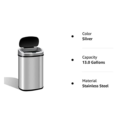 13 Gallon Trash Can Kitchen Garbage Can with Lid Touchless Sensor Waste Bin Stainless Steel Auto Slim for Home, Living Room, Bedroom, Office, 50 Liter