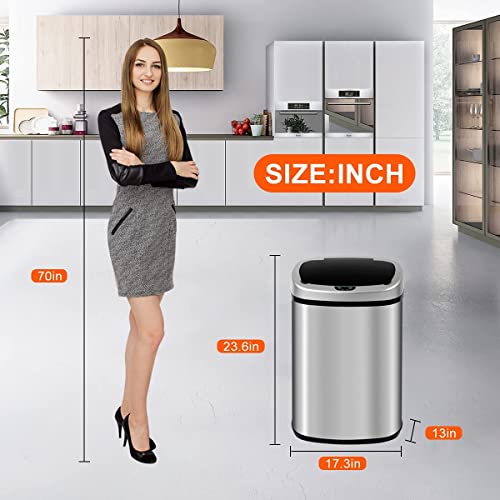 13 Gallon Trash Can Kitchen Garbage Can with Lid Touchless Sensor Waste Bin Stainless Steel Auto Slim for Home, Living Room, Bedroom, Office, 50 Liter