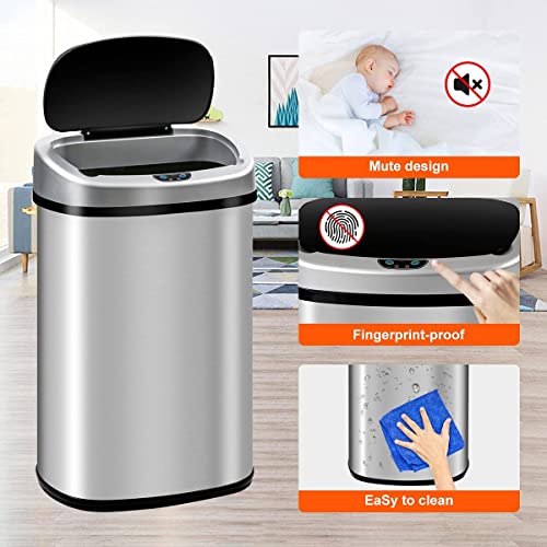 13 Gallon Trash Can Kitchen Garbage Can with Lid Touchless Sensor Waste Bin Stainless Steel Auto Slim for Home, Living Room, Bedroom, Office, 50 Liter