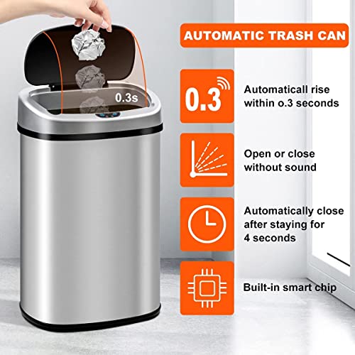 13 Gallon Trash Can Kitchen Garbage Can with Lid Touchless Sensor Waste Bin Stainless Steel Auto Slim for Home, Living Room, Bedroom, Office, 50 Liter