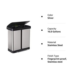 Kitchen Trash Can with Lid for Office Bedroom Bathroom Step Trash Bin Fingerprint-Proof Brushed Stainless Steel Trash Can (16 Gallon/ 60L)