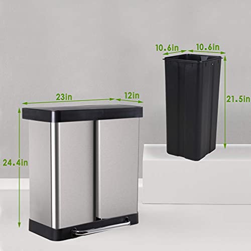 Kitchen Trash Can with Lid for Office Bedroom Bathroom Step Trash Bin Fingerprint-Proof Brushed Stainless Steel Trash Can (16 Gallon/ 60L)