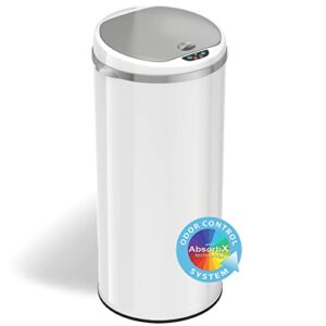 itouchless round garbage bin, perfect for home, kitchen, office 13 gallon touchless sensor trash can with absorbx odor filter system, steel white