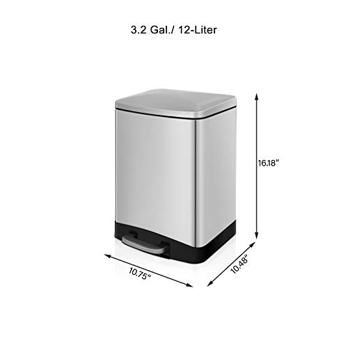 Innovaze 3.2 Gal./12 Liter Stainless Steel Rectangular Step-on Trash Can for Bathroom and Kitchen