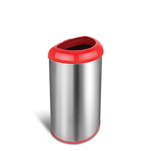 NINESTARS OTT-50-19RD Open Top Office Bathroom Trash Can, 13 Gal 50L, Stainless Steel Base (D Shape, Red Lid)