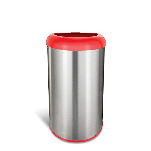 NINESTARS OTT-50-19RD Open Top Office Bathroom Trash Can, 13 Gal 50L, Stainless Steel Base (D Shape, Red Lid)