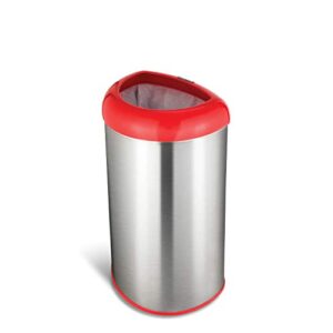 NINESTARS OTT-50-19RD Open Top Office Bathroom Trash Can, 13 Gal 50L, Stainless Steel Base (D Shape, Red Lid)