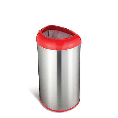 NINESTARS OTT-50-19RD Open Top Office Bathroom Trash Can, 13 Gal 50L, Stainless Steel Base (D Shape, Red Lid)