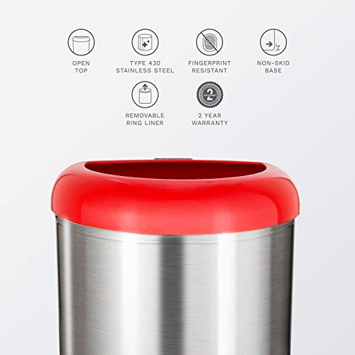 NINESTARS OTT-50-19RD Open Top Office Bathroom Trash Can, 13 Gal 50L, Stainless Steel Base (D Shape, Red Lid)