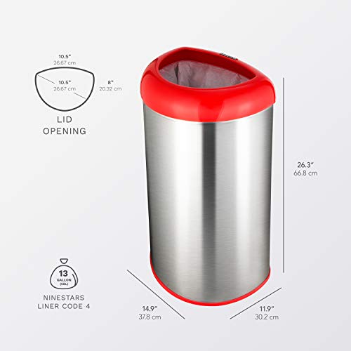 NINESTARS OTT-50-19RD Open Top Office Bathroom Trash Can, 13 Gal 50L, Stainless Steel Base (D Shape, Red Lid)