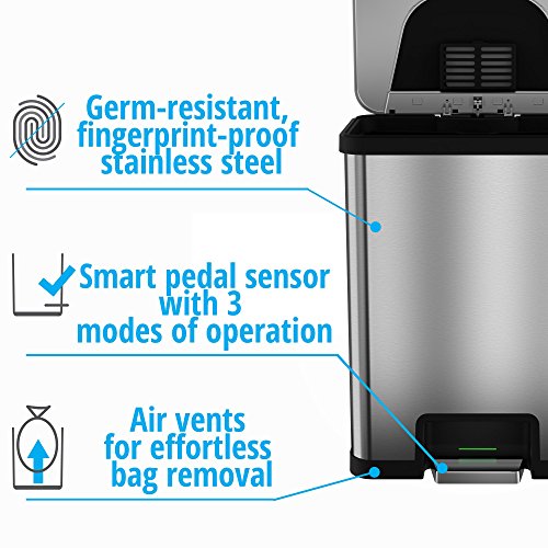 iTouchless AutoStep 13 Gallon Automatic Step Sensor Trash Can with Odor Control System, Stainless Steel Kitchen Pedal Touchless Garbage Bin, Powered by Batteries or AC Adapter (not Included)