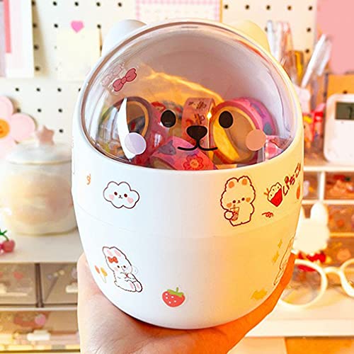 Desktop with Lid Trash Can Mini Kawaii Cute Bear Trash Bin Storage Box Girl Pen Holder Storage Bucket（Stickers Need to be Pasted by Yourself）