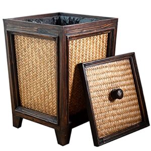 rattan basket wooden trash can – hand woven basket trash can with lid – 9″x8.3″x13″ small garbage can with cover – decorative natural wood garbage bin for living room, bedroom or bathroom trash can