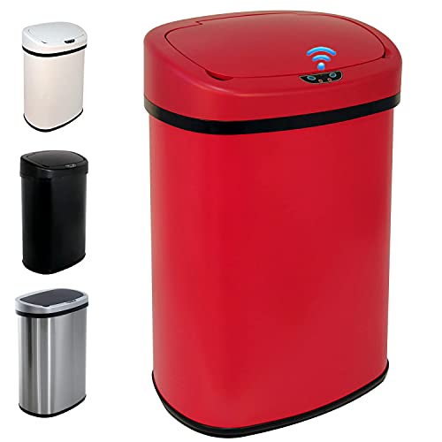 Hkeli 13 Gallon/50 Liter Garbage Can Automatic Trash Can Kitchen Trash Can Touch Free High Capacity Garbage Can with Lid Brushed Stainless Steel Waste Bin for Bathroom Bedroom Home Office, Red