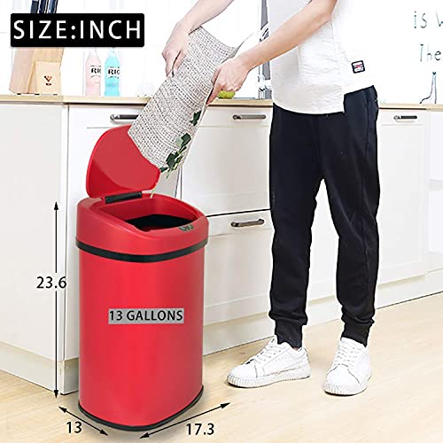 Hkeli 13 Gallon/50 Liter Garbage Can Automatic Trash Can Kitchen Trash Can Touch Free High Capacity Garbage Can with Lid Brushed Stainless Steel Waste Bin for Bathroom Bedroom Home Office, Red