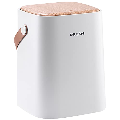 Nordic Style Garbage Can - Double Barrel Trash Can - Plastic Trash Can w/ One Press Lid - 10L/2.6Gal Waste Basket w/ Leather Handle - Modern Recycling Bins for Kitchen - Bathroom Trash Can in White & Wood