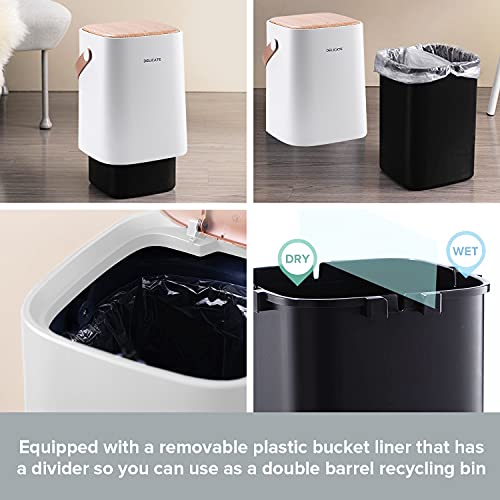 Nordic Style Garbage Can - Double Barrel Trash Can - Plastic Trash Can w/ One Press Lid - 10L/2.6Gal Waste Basket w/ Leather Handle - Modern Recycling Bins for Kitchen - Bathroom Trash Can in White & Wood