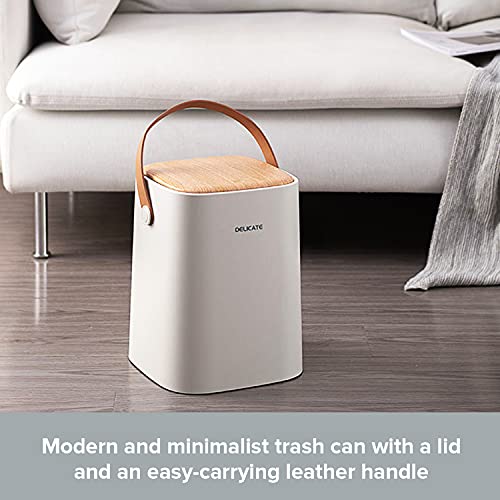 Nordic Style Garbage Can - Double Barrel Trash Can - Plastic Trash Can w/ One Press Lid - 10L/2.6Gal Waste Basket w/ Leather Handle - Modern Recycling Bins for Kitchen - Bathroom Trash Can in White & Wood