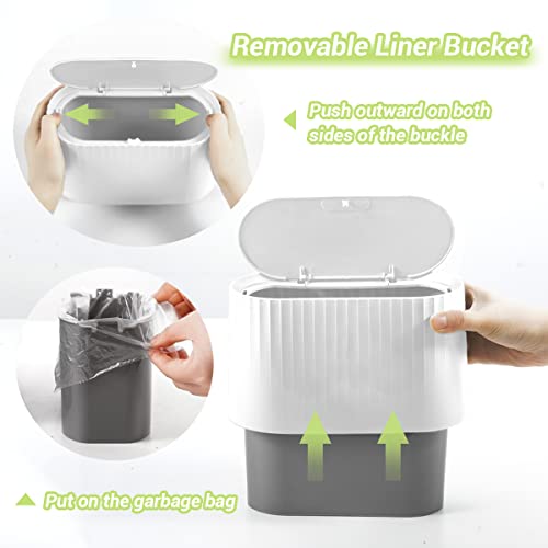 Mini Desktop Trash Can with Lid,Tiny Press Type Garbage Can with 90pcs Trash Bags,Small Little Cute Countertop Bathroom Waste Bin with Smell Proof Cover for Disposing Lint,Tissues,Cotton Pad (White)