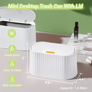 Mini Desktop Trash Can with Lid,Tiny Press Type Garbage Can with 90pcs Trash Bags,Small Little Cute Countertop Bathroom Waste Bin with Smell Proof Cover for Disposing Lint,Tissues,Cotton Pad (White)