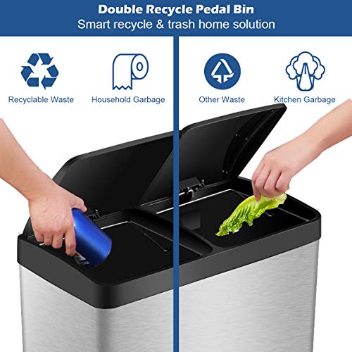 Costzon Double Compartment Classified Step Trash Can, 16 Gallon Stainless Steel Pedal Bin, 2 x 30L Removable Buckets w/Carry Handle, Garbage Classification Recycle for Home, Kitchen, Restaurant