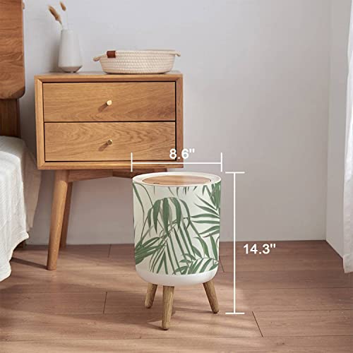 Trash Can with Lid Floral seamless green bamboo palm leaves on light brown pastel vintage theme Press Cover Small Garbage Bin Round with Wooden Legs Waste Basket for Bathroom Kitchen Bedroom 7L/1.8 Gallon