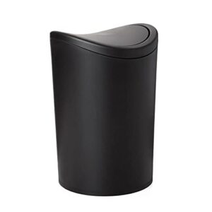 superio small plastic bathroom trash can with lid 6 liter, black mini waste bin 0.75 gallon, modern flat lid step on trash can with foot pedal, bathroom, bedroom, office, under desk, soft close