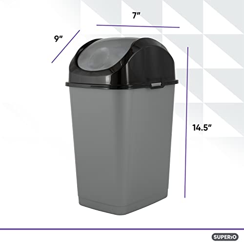 Superio New Small 2.5 Gallon Plastic Trash Can with Swing Top Lid, Waste Bin for Under Desk, Office, Bedroom, Bathroom- 10 Qt (Grey/Black)