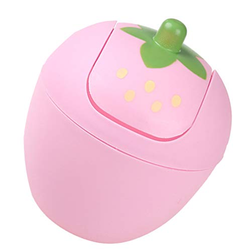 Strawberry Trash bin Mini Trash Can with Swing Lid Plastic Countertop Garbage Bin Storage Box Desktop Trash Can Organizer for Home Office Rubbish bin Use Small Trash bin ( Pink )