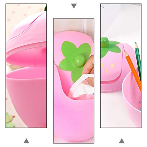 Strawberry Trash bin Mini Trash Can with Swing Lid Plastic Countertop Garbage Bin Storage Box Desktop Trash Can Organizer for Home Office Rubbish bin Use Small Trash bin ( Pink )