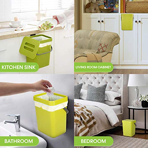 Small Trash Can with Lid, Sturdy Hanging Trash Can for Under the Sink or as Compost Bin for Kitchen Countertop, Portable for your Office Bedroom Bathroom Cupboard Kitchen, 9.6"x 8.2"x 6.8", Green