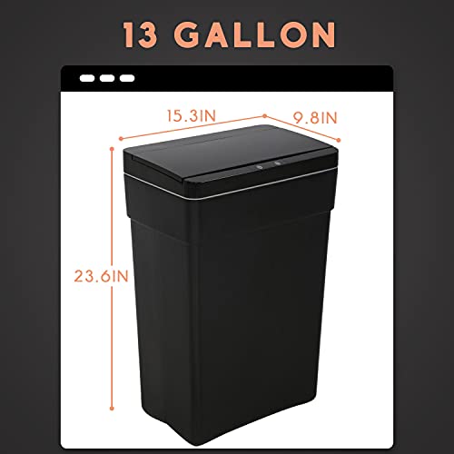 13 Gallon Trash Can Plastic Touchless Sensor Kitchen Trash Can Infrared Motion ,High-Capacity Garbage Can with Lid for Bedroom Bathroom Home Office 50 Liter,2 Pack (Black)