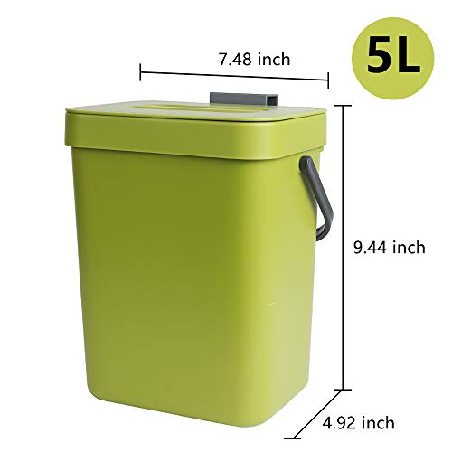 VIGIND Hanging Small Trash Can with Lid Under Sink for Kitchen, 5 L/ 1.3 Gallons Plastic Waste Basket,Food Waste Bin,Kitchen Compost Bin for Counter Top,Bathroom/Office (Green)