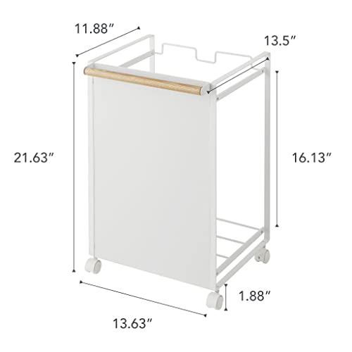 Yamazaki Home Concealed Rolling Sorter-Garbage Storage Basket On Wheels | Steel + Wood | Trash Can-Kitchen, One Size, White