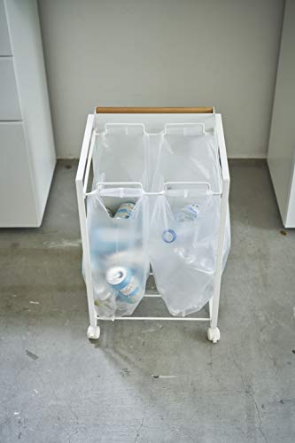 Yamazaki Home Concealed Rolling Sorter-Garbage Storage Basket On Wheels | Steel + Wood | Trash Can-Kitchen, One Size, White