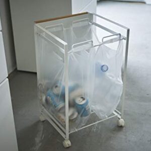 Yamazaki Home Concealed Rolling Sorter-Garbage Storage Basket On Wheels | Steel + Wood | Trash Can-Kitchen, One Size, White