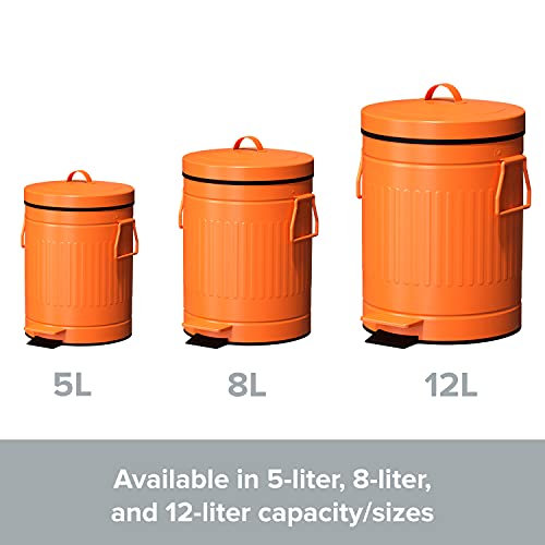 Retro Trash Can with Lid - 8L/2.1Gal Step Trash Can w/ Soft Closing Lid - Round Garbage Can w/ Handles - Touchless Trash Can w/ Removable Garbage Guard Bucket - Outdoor Garbage Can - Large Trash Can, Orange