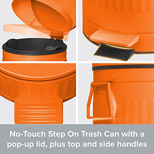 Retro Trash Can with Lid - 8L/2.1Gal Step Trash Can w/ Soft Closing Lid - Round Garbage Can w/ Handles - Touchless Trash Can w/ Removable Garbage Guard Bucket - Outdoor Garbage Can - Large Trash Can, Orange