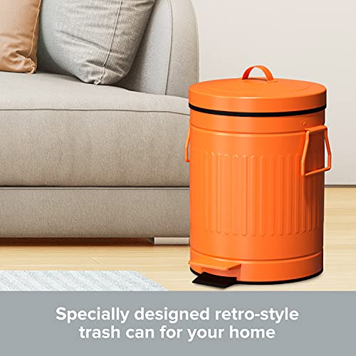 Retro Trash Can with Lid - 8L/2.1Gal Step Trash Can w/ Soft Closing Lid - Round Garbage Can w/ Handles - Touchless Trash Can w/ Removable Garbage Guard Bucket - Outdoor Garbage Can - Large Trash Can, Orange