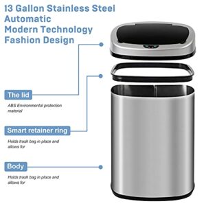 Stainless Steel 13 Gallon Touchless Trash Can with Lid, Automatic Kitchen Smart Motion Sensor Trash Garbage Bin, Anti-Fingerprint Mute Designed Trash Bin for Kitchen Living Room Office (Silver)