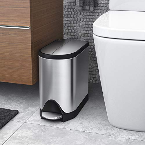 simplehuman 10 Liter / 2.6 Gallon Butterfly Lid Bathroom Step Trash Can, Brushed Stainless Steel & Gallon Round Bathroom Step Trash Can, 4.5 Liter / 1.2 Gallon, Brushed Stainless Steel