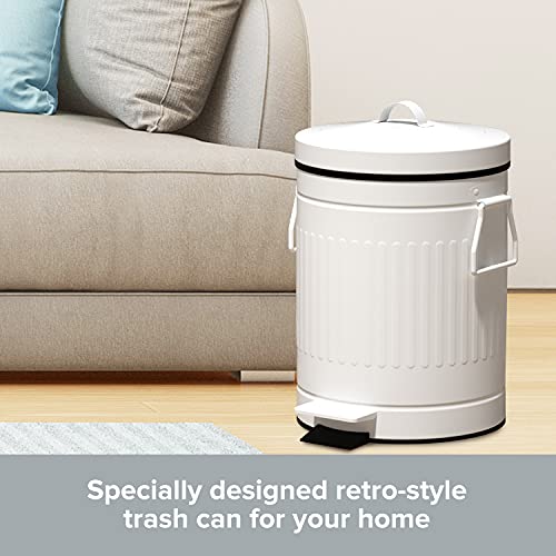 Retro Trash Can with Lid - 12L/3.2 Gal Step Trash Can w/ Soft Closing Lid - Round Garbage Can w/ Handles - Touchless Trash Can w/ Removable Garbage Guard Bucket - Outdoor Garbage Bin - Large Trash Can, White