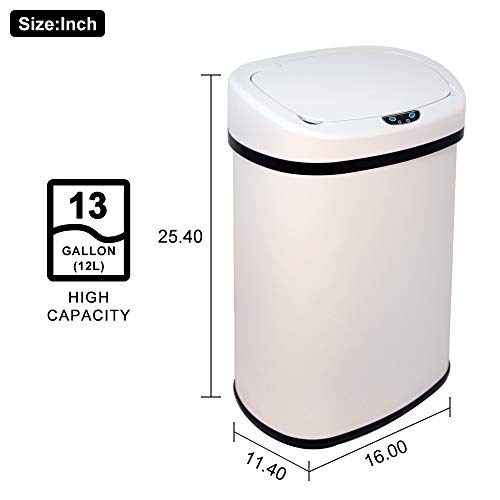 13 Gallon Touch Free Automatic Stainless Steel Trash Can Garbage Can Metal Trash Bin with Lid for Kitchen Living Room Office Bathroom, Electronic Motion Sensor Automatic Trash Can White