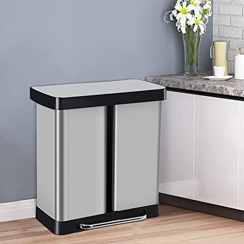 16 Gallon/ 60L Kitchen Dual Step Trash Can Garbage Bin 2-Compartment Stainless Steel Step Trash Bin Large Classified Brushed Trash Can Rubbish Recycling Bin with Lid & Removable Inner Buckets, Silver