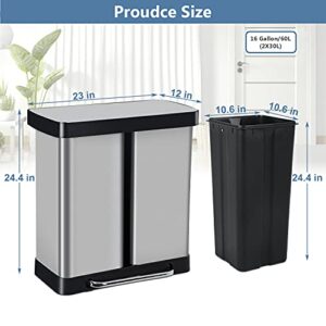 16 Gallon/ 60L Kitchen Dual Step Trash Can Garbage Bin 2-Compartment Stainless Steel Step Trash Bin Large Classified Brushed Trash Can Rubbish Recycling Bin with Lid & Removable Inner Buckets, Silver