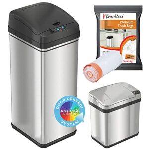 itouchless 13 gallon and 2.5 gallon automatic touchless sensor kitchen cans with odor control system, stainless steel, includes 10 premium bags, cdzt02bg10