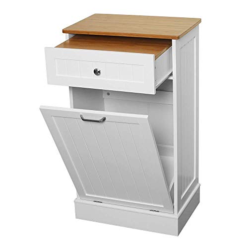 New Kitchen Trash Cabinet,Tilt Out Trash Cabinet with Solid Hideaway Drawer,Free Standing Wooden Kitchen Trash Can Recycling Cabinet Trash Can Holder,Removable Bamboo Cutting Board (White)