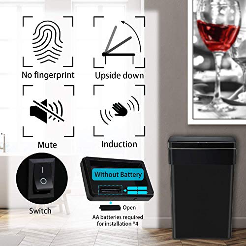 MeetPerfect 13 Gallon Trash Can with Lid Automatic Garbage Can Touch Free Waste Bin 50 Liter Plastic Trash Can with Inner Basket and Carry Handle for Kitchen Office Bedroom Living Room- Black