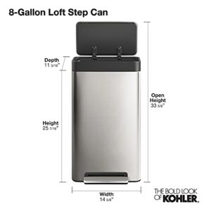 KOHLER 8 Gallon Tall Hands-Free Kitchen Step Can, Trash Can with Foot Pedal, Quiet-Close Lid, Stainless Steel, K-20941-ST